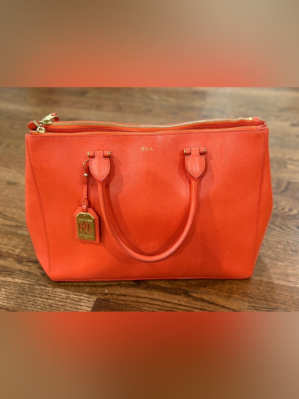 Ralph Lauren Large Newbury Red Saffiano Leather Double Zip Handbag